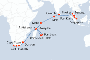 Carte itinéraire croisière Singapour, Malaisie, Thaïlande, Sri Lanka, Maldives, Seychelles, Maurice, France, Madagascar, Afrique du Sud - 31 jours au départ de Singapour - Afrique du Sud
