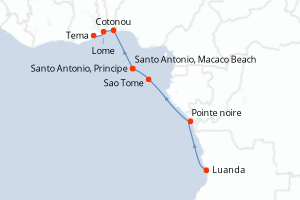 Carte itinéraire croisière Angola, République du Congo, Sao Tomé et Principe, Guinée, Benin, Togo, Ghana - 13 jours au départ de Luanda - Afrique Centrale
