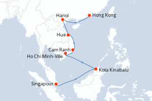 Carte itinéraire croisière Chine, Vietnam, Malaisie, Singapour - 9 jours au départ de Hong Kong - Asie