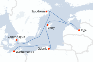 Carte itinéraire croisière Allemagne, Pologne, Lettonie, Suède, Danemark - 6 jours au départ de Warnemunde - Europe du Nord