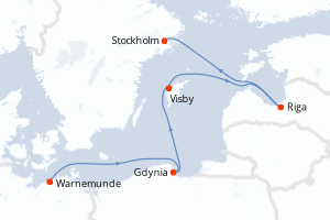 Carte itinéraire croisière Allemagne, Pologne, Lettonie, Suède - 4 jours au départ de Warnemunde - Europe du Nord
