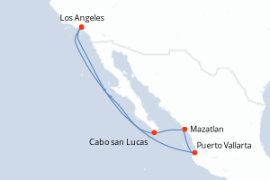 Carte itinéraire croisière Mexique - 7 jours au départ de Los Angeles - Riviera Mexicaine