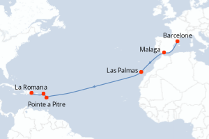 Carte itinéraire croisière Espagne, Canaries, Antilles, Rép.Dominicaine - 14 jours au départ de Barcelone - Transatlantique