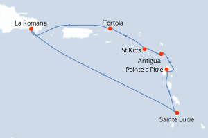 Carte itinéraire croisière Rép.Dominicaine, Antilles, Iles Vierges - 7 jours au départ de La Romana - Caraïbes Bahamas