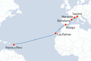 Carte itinéraire croisière France, Italie, Espagne, Canaries, Antilles - 13 jours au départ de Marseille - Transatlantique