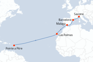 Carte itinéraire croisière Italie, Espagne, Canaries, Antilles - 12 jours au départ de Savone - Transatlantique