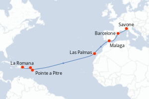 Carte itinéraire croisière Italie, Espagne, Canaries, Antilles, Rép.Dominicaine - 15 jours au départ de Savone - Transatlantique