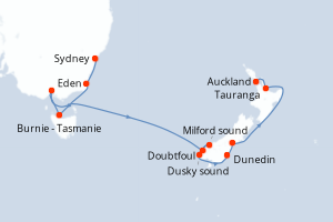 Carte itinéraire croisière Australie, Nouvelle-Zélande - 11 jours au départ de Sydney - Australie Nouvelle Zélande