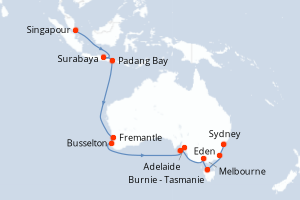 Carte itinéraire croisière Singapour, Indonésie, Australie - 19 jours au départ de Singapour - Australie Nouvelle Zélande