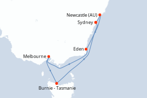 Carte itinéraire croisière Australie - 8 jours au départ de Sydney - Australie Nouvelle Zélande