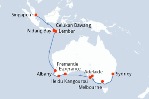 Carte itinéraire croisière Australie, Indonésie, Singapour - 21 jours au départ de Sydney - Asie