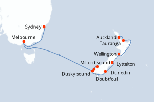 Carte itinéraire croisière Australie, Nouvelle-Zélande - 11 jours au départ de Sydney - Australie Nouvelle Zélande