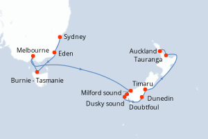 Carte itinéraire croisière Australie, Nouvelle-Zélande - 11 jours au départ de Sydney - Australie Nouvelle Zélande