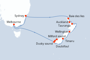 Carte itinéraire croisière Australie, Nouvelle-Zélande - 14 jours au départ de Sydney - Australie Nouvelle Zélande