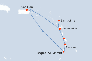 Carte itinéraire croisière Porto Rico, Saint Vincent-et-les-Grenadines, Sainte-Lucie, France, Antigua-et-Barbuda - 7 jours au départ de San Juan - Caraïbes Bahamas