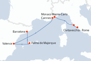 Carte itinéraire croisière Italie, Monaco, France, Espagne - 7 jours au départ de Civitavecchia - Rome - Méditerranée
