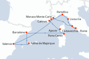 Carte itinéraire croisière Italie, Monaco, France, Espagne - 14 jours au départ de Civitavecchia - Rome - Méditerranée