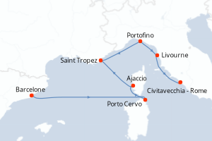 Carte itinéraire croisière Espagne, Italie, France - 7 jours au départ de Barcelone - Méditerranée