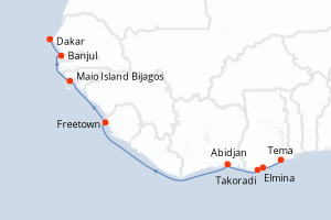 Carte itinéraire croisière Ghana, Afrique du Sud, Côte d Ivoire, Sierra Leon, Guinée, Royaume-Uni, Sénégal - 13 jours au départ de Tema - Ouest Africain