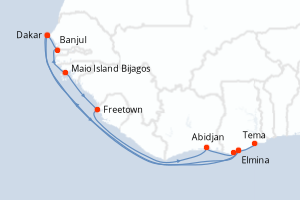 Carte itinéraire croisière Sénégal, Royaume-Uni, Guinée, Sierra Leon, Côte d Ivoire, Afrique du Sud, Ghana - 13 jours au départ de Dakar - Afrique Centrale