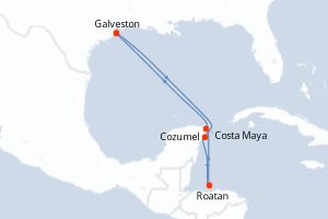 Carte itinéraire croisière États-Unis, Mexique, Honduras - 6 jours au départ de Galveston - Caraïbes Mexique