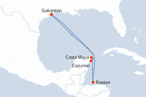 Carte itinéraire croisière États-Unis, Honduras, Mexique - 7 jours au départ de Galveston - Caraïbes Mexique