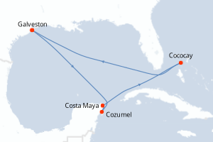 Carte itinéraire croisière États-Unis, Mexique, Bahamas - 8 jours au départ de Galveston - Caraïbes Mexique