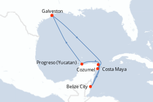 Carte itinéraire croisière États-Unis, Mexique, Belize - 8 jours au départ de Galveston - Caraïbes Mexique