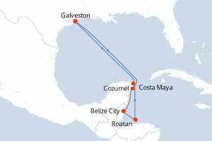 Carte itinéraire croisière États-Unis, Mexique, Belize, Honduras - 8 jours au départ de Galveston - Caraïbes Mexique