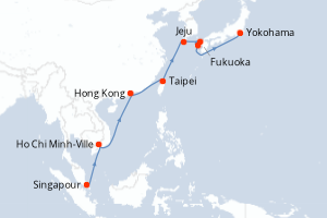 Carte itinéraire croisière Singapour, Vietnam, Chine, Taïwan, Corée du Sud, Japon - 13 jours au départ de Singapour - Asie