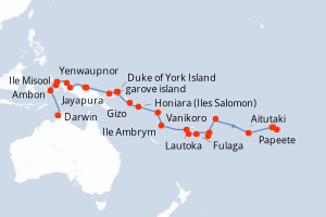 Carte itinéraire croisière Australie, Indonésie, Papouasie-Nouvelle-Guinée, Îles Salomon, Vanuatu, Fidji (Îles), Tonga, Samoa, Îles Cook, France - 35 jours au départ de Darwin - Tahiti