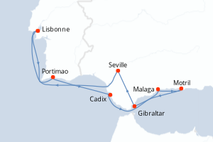 Carte itinéraire croisière Portugal, Espagne, Royaume-Uni - 9 jours au départ de Lisbonne - Atlantique