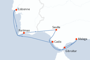 Carte itinéraire croisière Portugal, Espagne, Royaume-Uni - 9 jours au départ de Lisbonne - Atlantique