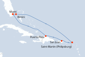 Carte itinéraire croisière États-Unis, République Dominicaine, Porto Rico, Pays-Bas, Bahamas - 8 jours au départ de Miami - Caraïbes Bahamas