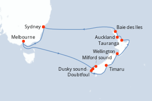 Carte itinéraire croisière Australie, Nouvelle-Zélande - 14 jours au départ de Sydney - Australie Nouvelle Zélande