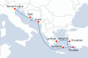 Carte itinéraire croisière Italie, Croatie, Monténégro, Grèce, Turquie - 7 jours au départ de Venise Fusina - Méditerranée