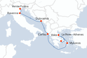 Carte itinéraire croisière Grèce, Croatie, Italie - 7 jours au départ de Le Piree - Athenes - Méditerranée