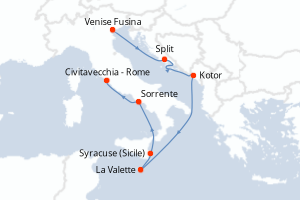 Carte itinéraire croisière Italie, Croatie, Monténégro, Malte - 7 jours au départ de Venise Fusina - Méditerranée