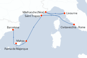 Carte itinéraire croisière Italie, France, Espagne - 7 jours au départ de Civitavecchia - Rome - Méditerranée