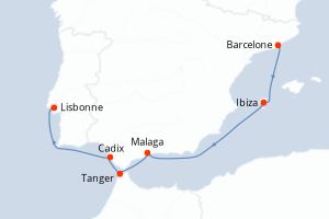 Carte itinéraire croisière Espagne, Maroc, Portugal - 7 jours au départ de Barcelone - Atlantique