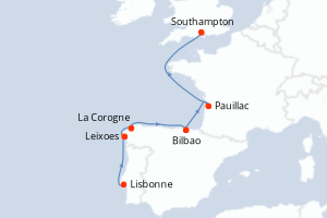 Carte itinéraire croisière Portugal, Espagne, France, Royaume-Uni - 7 jours au départ de Lisbonne - Europe du Nord