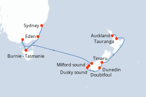 Carte itinéraire croisière Australie, Nouvelle-Zélande - 11 jours au départ de Sydney - Australie Nouvelle Zélande