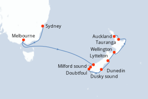 Carte itinéraire croisière Australie, Nouvelle-Zélande - 11 jours au départ de Sydney - Australie Nouvelle Zélande