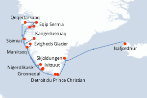 Carte itinéraire croisière Islande, Gröenland, Brésil - 12 jours au départ de Isafjordhur - Gröenland