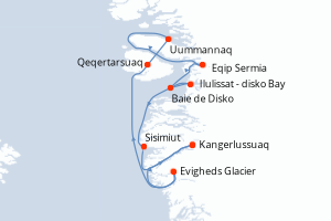 Carte itinéraire croisière Gröenland - 7 jours au départ de Kangerlussuaq - Gröenland