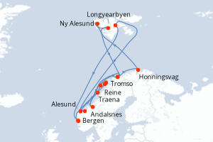 Carte itinéraire croisière La Ligne du Spitzberg - Équipage anglophone - 14 jours au départ de Bergen - Europe du Nord