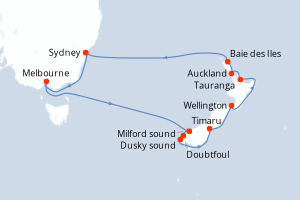 Carte itinéraire croisière Australie, Nouvelle-Zélande - 14 jours au départ de Sydney - Australie Nouvelle Zélande
