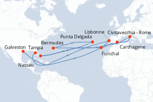 Carte itinéraire croisière Italie, États-Unis, Espagne, Bahamas, Portugal - 14 jours au départ de Galveston - Caraïbes Mexique