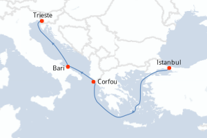 Carte itinéraire croisière Turquie, Grèce, Italie - 4 jours au départ de Istanbul - Méditerranée