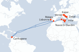 Carte itinéraire croisière Italie, Slovénie, Croatie, Malte, Colombie, Espagne, Portugal - 14 jours au départ de Venise - Atlantique